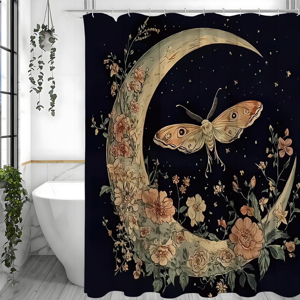Moon Flower Moth Star Shower Curtain, Bathroom Decorative Shower Curtain, Waterproof Shower Curtain with Hooks