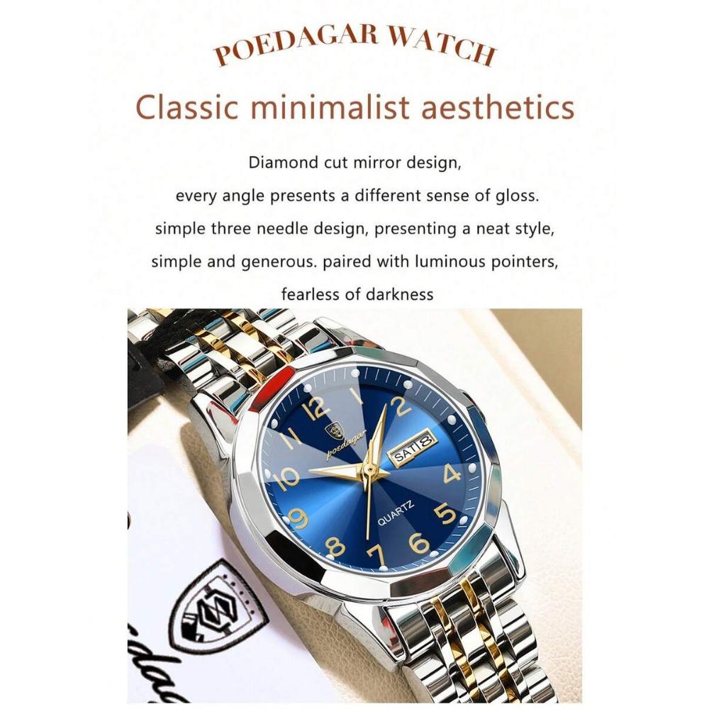 POEDAGAR Montre-bracelet étanche lumineuse à date en acier inoxydable pour femme, Montres tendance pour dames, Cadeaux pour femmes
