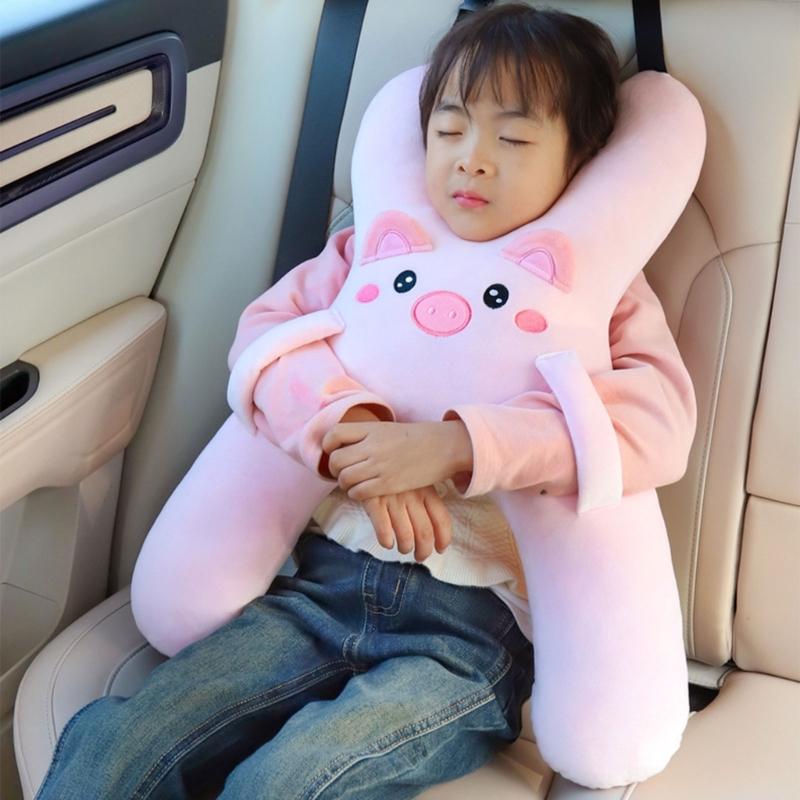 Children Car Seat Travel Pillow with H-Shaped Plush Side Handle Design, Soft Cushioned Filling and Top Loop for Child Ride Trip