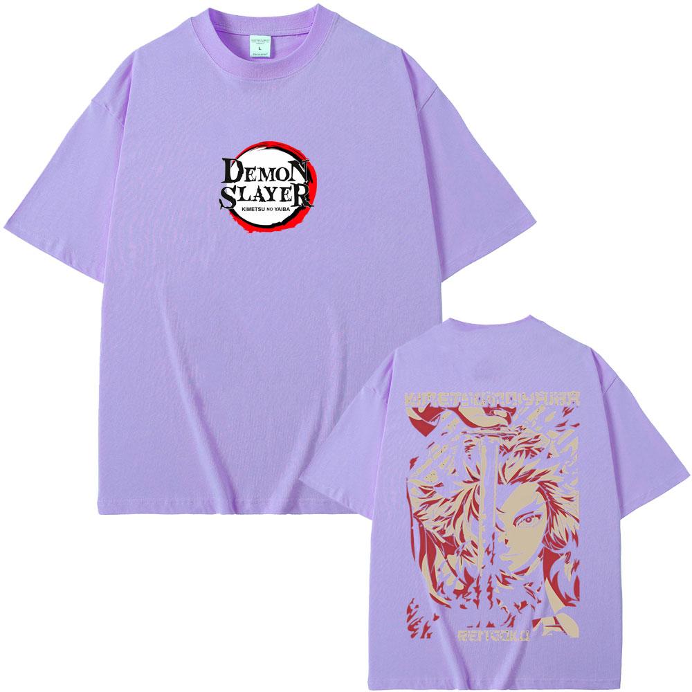 Anime Demon Slayer Rengoku Kyoujurou Double Sided Print T-shirt Summer Men Women Casual Oversized Tshirt Male Vintage T Shirts