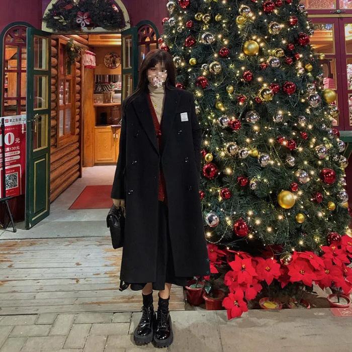

Women s Mid-Length Black Woolen Coat - Casual, Thickened, Over-the-Knee Style (2025 Korean Version) 2XL чорний