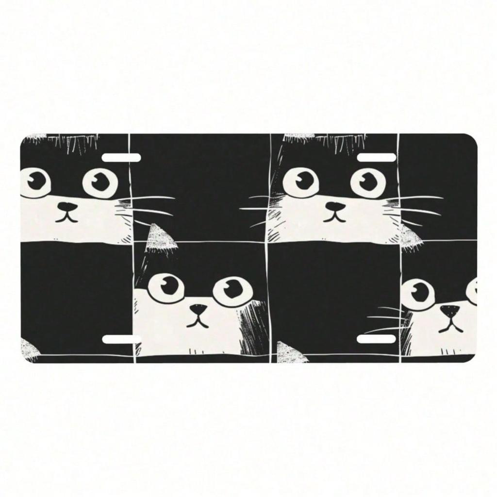 Black Grid Kitten License Plate 6x12in Stainless Aluminum Car Tag 4 Holes Decorative Front Vanity Plate for Trucks
