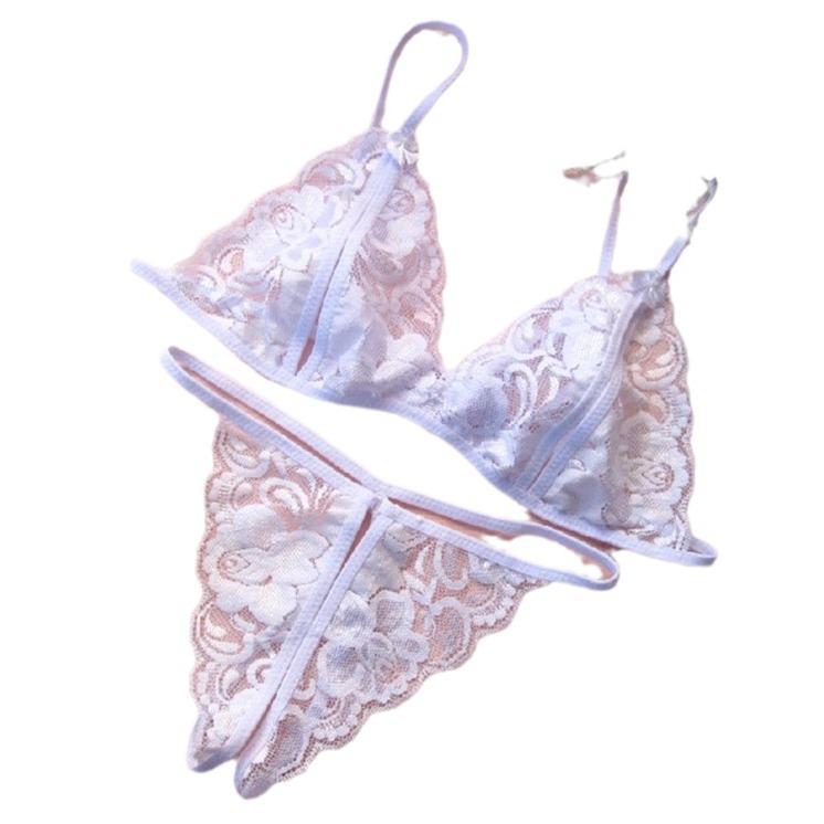 Dessous-Set aus Spitze mit offenem Schritt: Sexy BH, Bikini, Tanga-Pyjama, zweiteilig