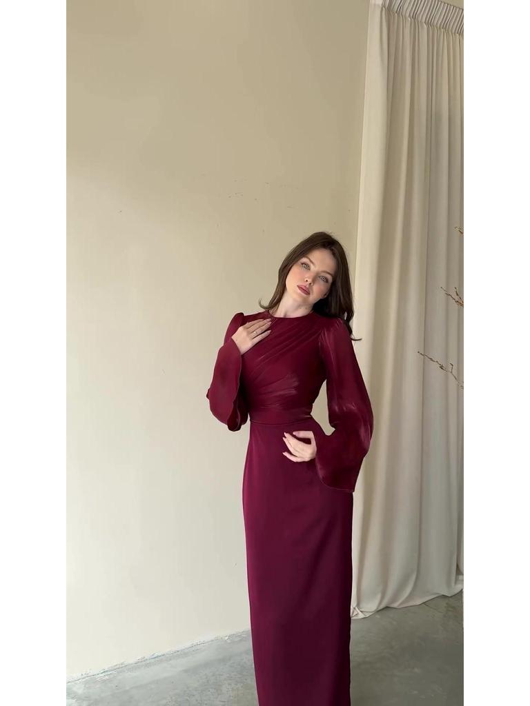 2024 Elegantes einfarbiges gerafftes Bodycon-Kleid mit taillenbetontem Design und langen Ärmeln