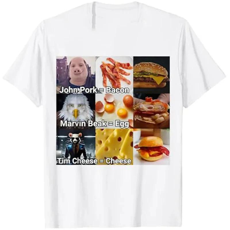 

Funny Burger Character TShirt John Pork Marvin Beak Tim Cheese Design with Bacon Egg Food Print Humorous Graphic Tee S
