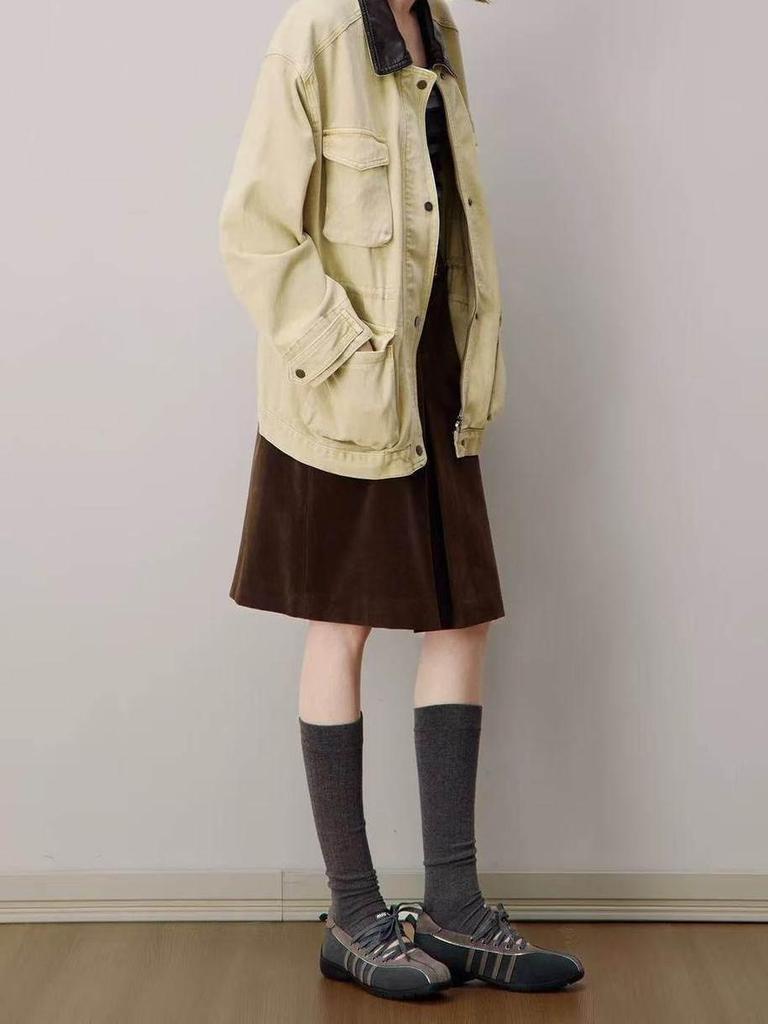 Maillard Style Women's Brown Faux-Slit Midi Skirt - 2025 Autumn/Winter Korean Girlish Chic