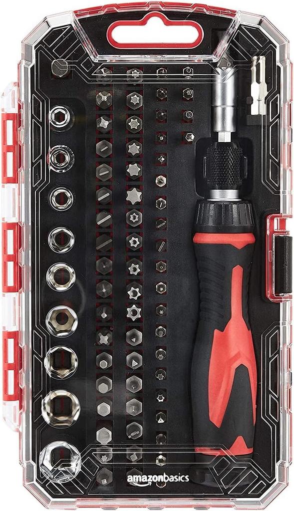 Amazon Basics Magnetic Ratchet Wrench and Screwdriver 73 Black Set, Pieces, Red,