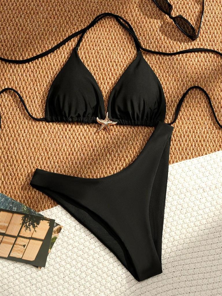 2025 Schwarzes Dreiecks-Bikini für Damen – Sexy Neckholder, Rückenfrei, Binde-Badeanzug, Einfarbig
