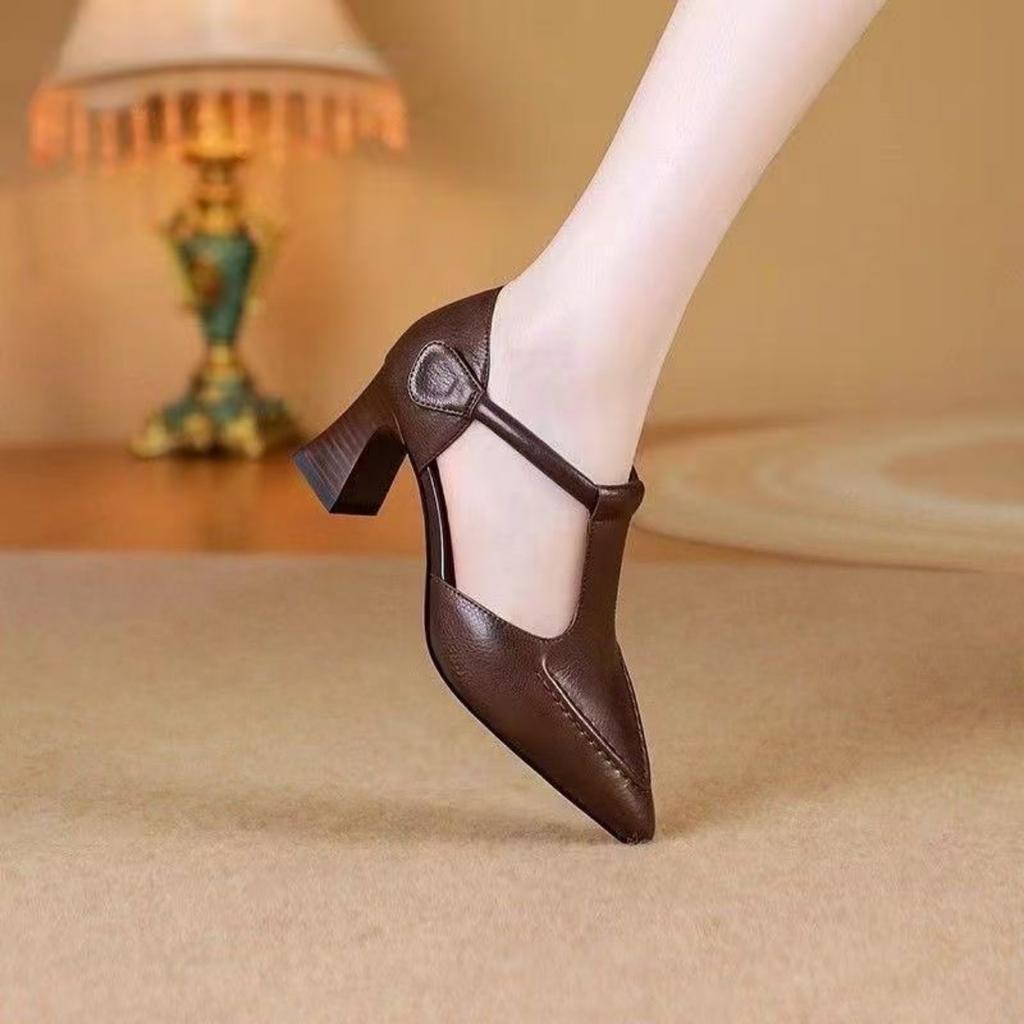 Hot summer soft leather women's shoes one-word buckle bag head thin heel high heel elegant sandals low heel women's shoes