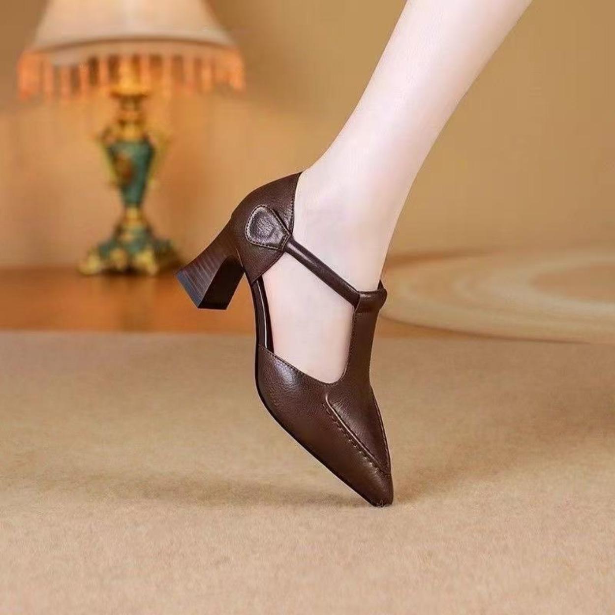 

Hot summer soft leather women s shoes one-word buckle bag head thin heel high heel elegant sandals low heel women s shoes 40