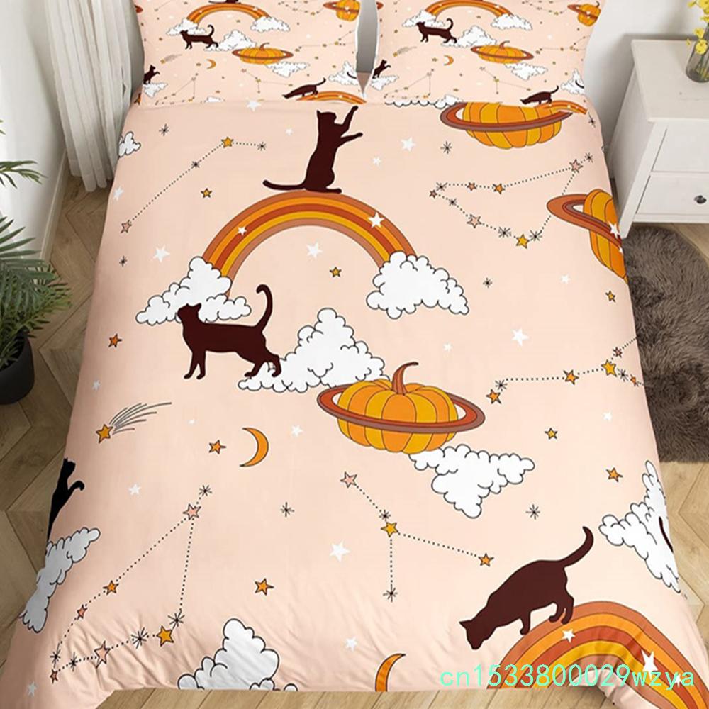 Capa de edredom fofa de gato de Halloween, conjunto de cama de castelo misterioso para crianças, adolescentes, microfibra, floresta enevoada, morcego, colcha, roupas de cama queen