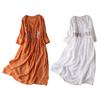 Summer Retro Ethnic Style Embroidery Print Midi Dress O-neck Long Sleeve Buttons Half Placket A-Line Mid-calf Length Casual Dress