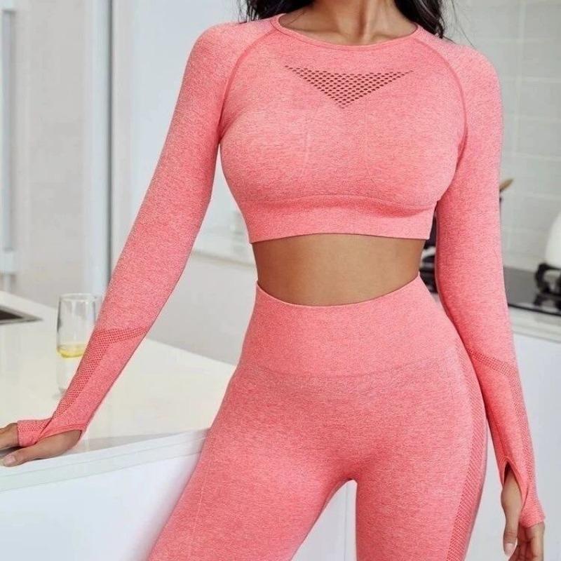 

Американский облегающий костюм из 2 предметов, сексуальная бесшовная одежда для йоги, персиковый бёдра, женская красивая спина, длинный рукав, спортивный костюм для йоги, одежда для фитнеса, женские наряды L мандариновый