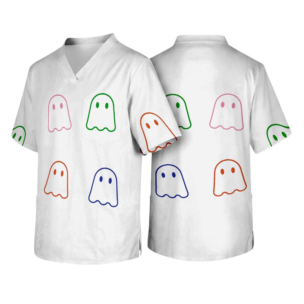 Men's V Neck Halloween Print Medical Scrub Top with Chest Pocket Short Sleeve Comfortable Fit Lightweight Fabric