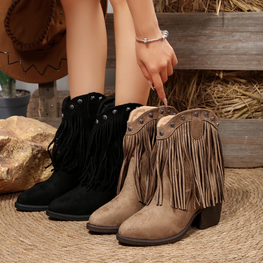Women Cowboy Boots 2025 New Tassel Chunky Heels Pointed Toe Shoes for Women Outdoor Slip-on Wedge Western Boots Female