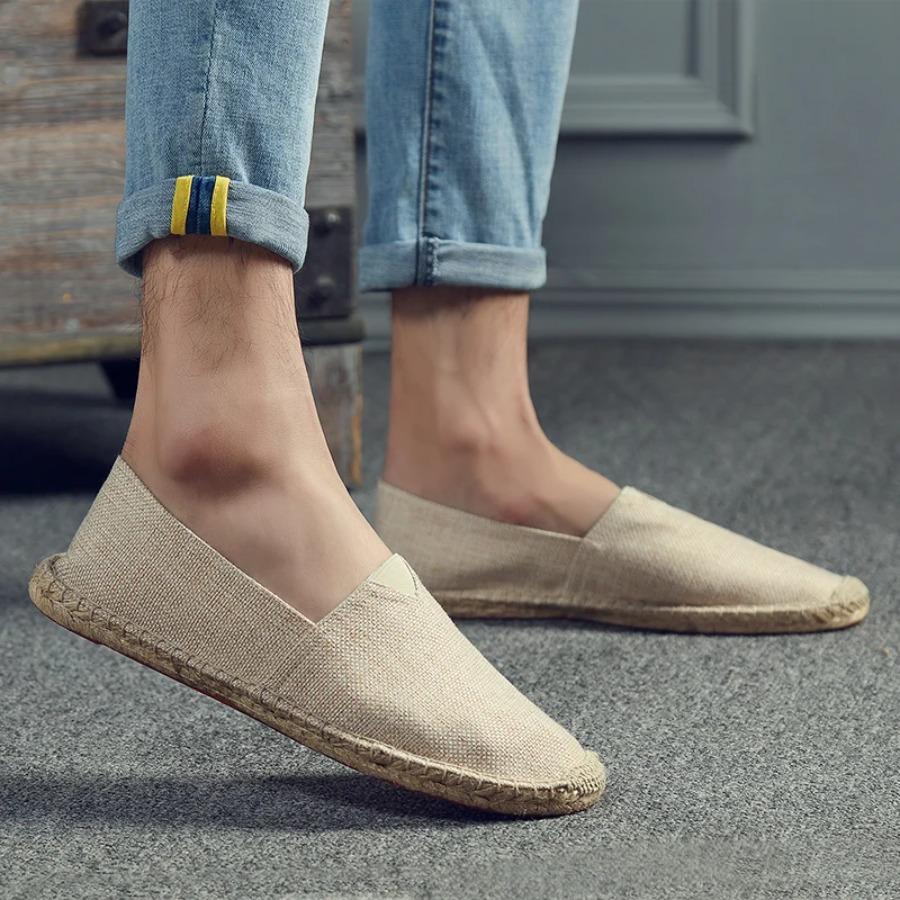 men Sewing Flax Shoes Slip on Loafers Casual Shoes Man Espadrilles Hemp Canvas Flat Shoes Plus Size Fisherman Driving Footwear
