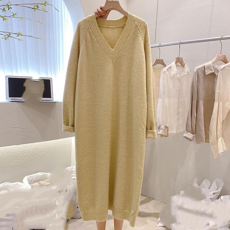 Plus Size Sweater Skirt Over The Knee Women's Autumn and Winter with Lazy Style Loose V-neck Bottoming Knitted Dress