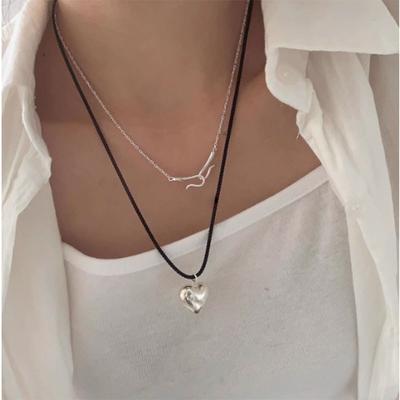 S925 Silver Heart Black Rope Long Adjustable Length Necklace Female Temperament Collarbone Smooth Version Student Fine Jewelry