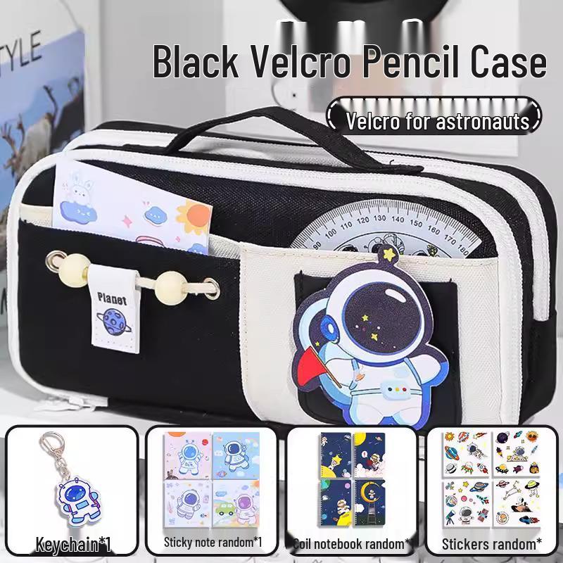 Send Astronaut Velcro! Boys' Black Dirt-Resistant Pencil Case, Hand-Carry, Large Capacity, New 2025 Style.