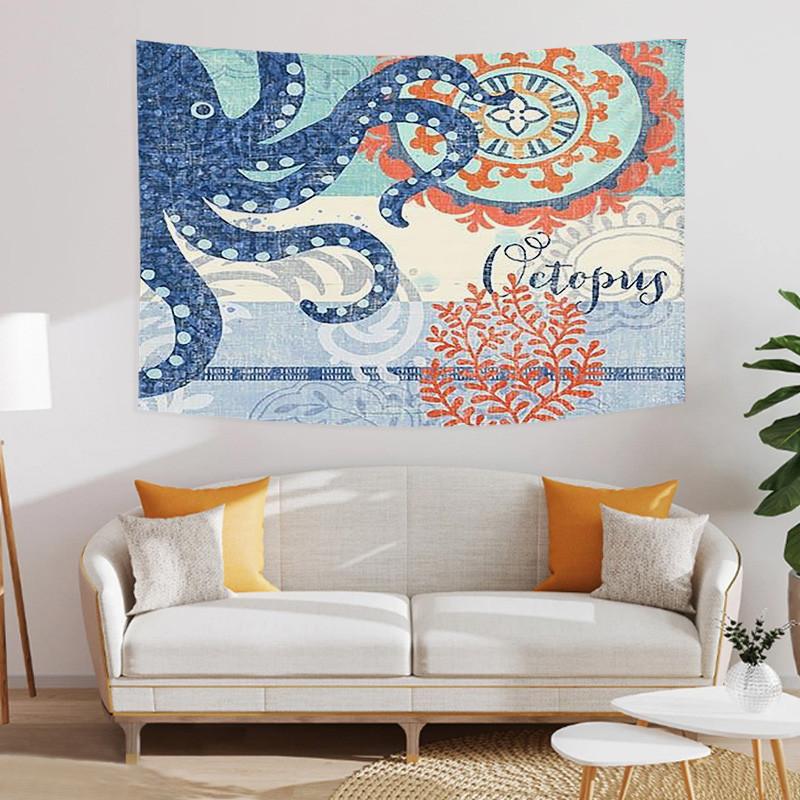 Undersea World Tapestry Blue Whale Octopus Seahorse Printed Pattern Tapestry Wall Hanging Tapestries for Bedroom Dorm Decor