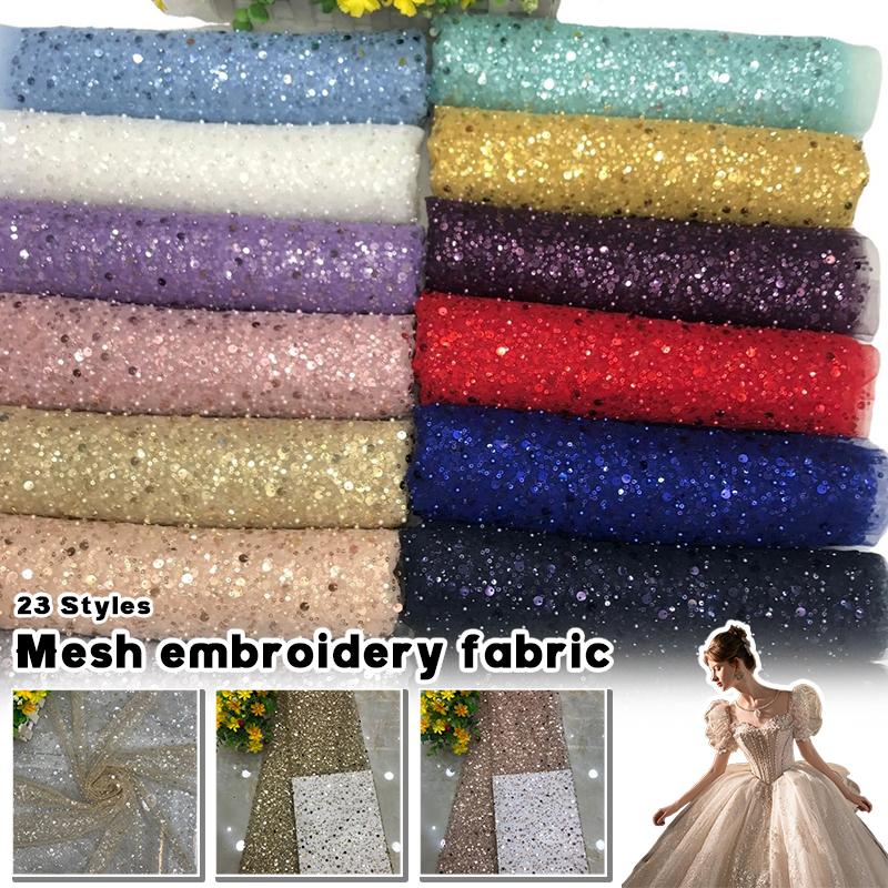 1 Yard Luxury African Heavy Bead Lace Sequins Fabric For Diy Sewing Wedding Party Dress Sparkly Transparent Tulle Lace Fabric