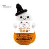 Portable Travel Friendly Charm Hand Knitted Halloween Ghost Ornament, Crochet Plush Doll with Whimsical Witch Hat Pumpkin Encouragement Card,