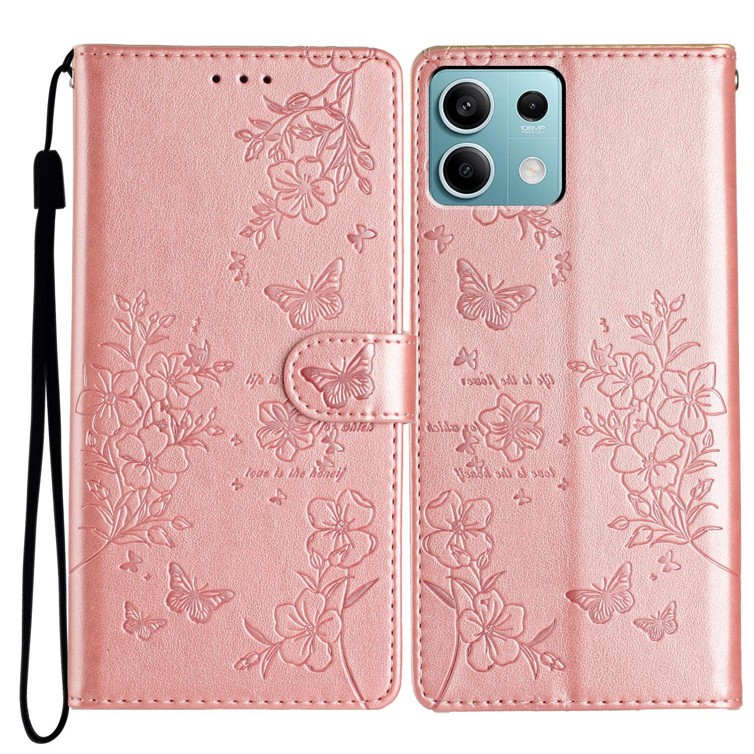 

For Xiaomi Redmi Note 13 5G Wallet Case Butterfly Floral Imprint Leather Phone Shell Rose Gold