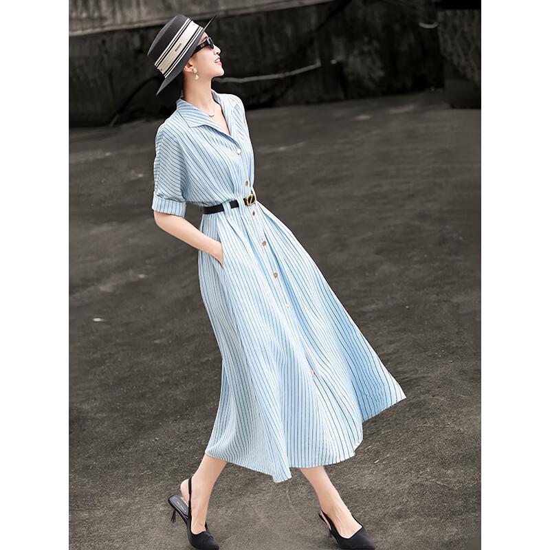 Elegant Striped Cinch-Waist Shirt Dress