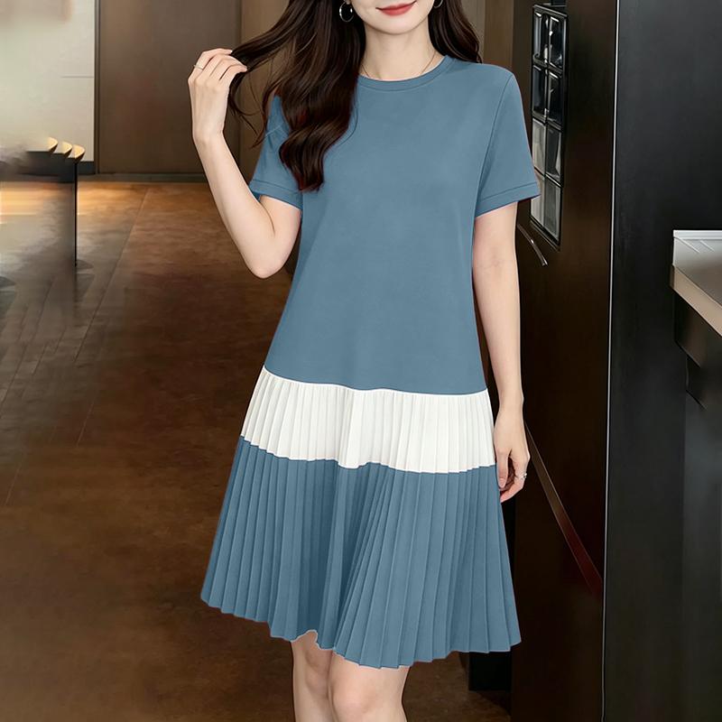 ZANZEA Women Casual Round Neck Short Sleeve Pleated Hem Summer Dress