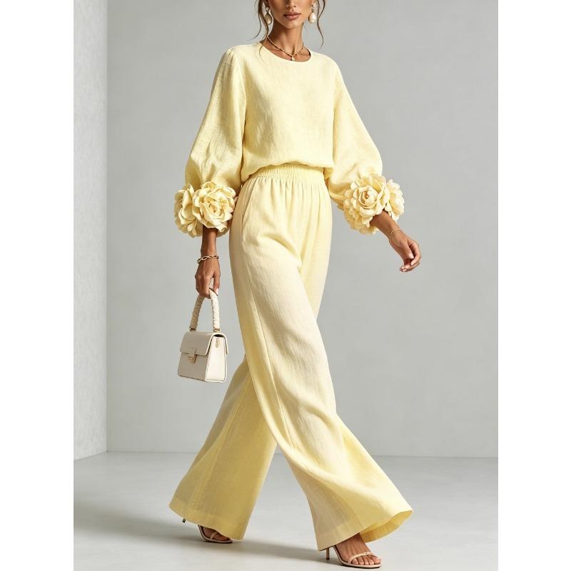 Women's new solid color round neck long-sleeved floral wide-leg pants loose casual suit two-piece set