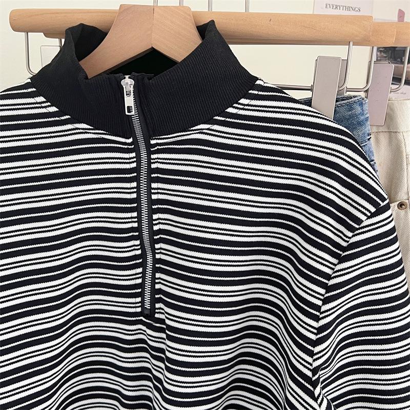 Women's Striped Half-Zip Cropped Hoodie - 2023 Autumn/Winter Long-Sleeve Loose Casual Top