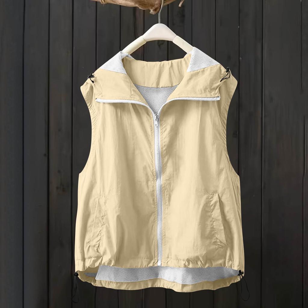 Women Sleeveless Zip Up Hooded Vest Jacket with Pockets Lightweight Casual Outerwear Drawstring Hem Design