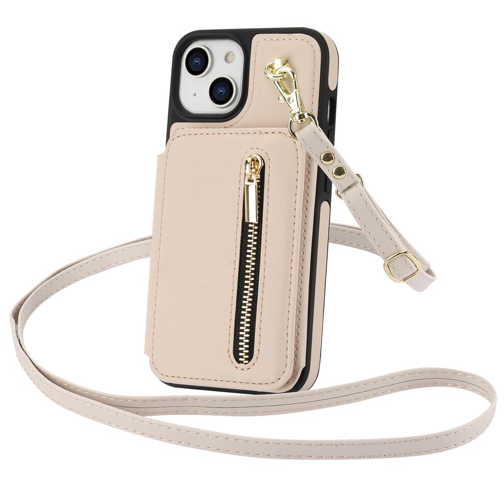 For iPhone 13 Case Zipper Pocket Kickstand Leather+TPU Phone Cover with 2 Straps