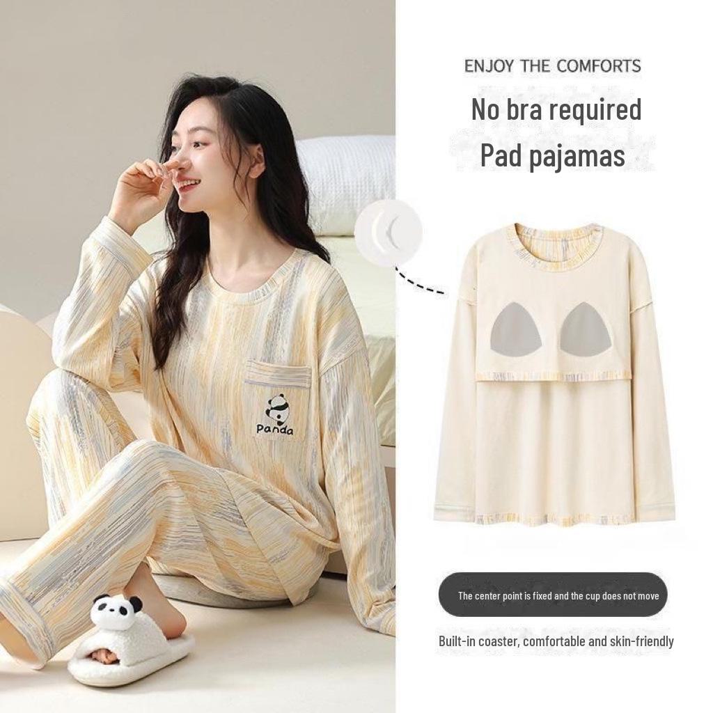 Dámský jarní/podzimní kreslený pyžamový set s vycpávkami na prsou, dlouhými rukávy a kalhotami - Volný, pohodlný a vhodný pro venkovní nošení