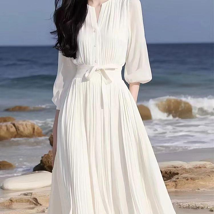 Elegant French White Chiffon Dress - Spring/Summer Goddess Style S