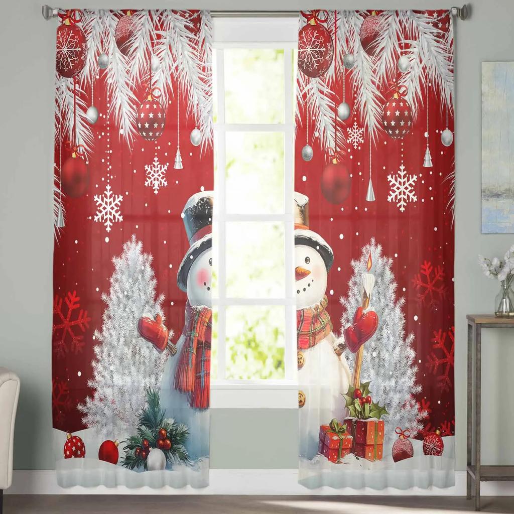 Weihnachts Schneemann Silber Kiefernzweig Kugel Transparente Vorhänge zur Wohnzimmerdekoration Fenstervorhänge Küche Tüll Voile Vorhänge