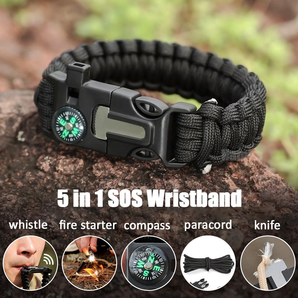

5-в-1 Браслет для выживания Paracord Открытый тактический комплект аварийного снаряжения Дорожные веревочные браслеты для кемпинга с скребком для свиста компаса
