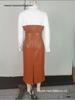 European-American Style Patchwork PU Leather Belt Long Sleeve Women's Dress