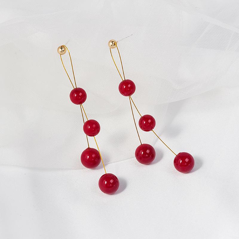 Natural Silver Needle Red Tassel Heart & Pearl Earrings for Women - Face-Slimming, Fashionable Wedding Jewelry