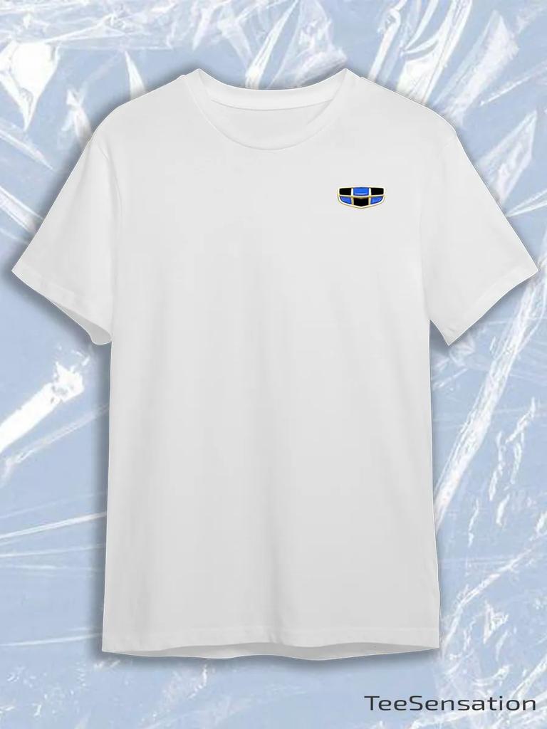 TeeSensation White Crew Neck Short Sleeve T-Shirt with Small Gold Blue Geely Emgrand Chest Logo