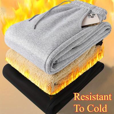 Men's Casual Mid Waist Sports Pants, 2024 Autumn/winter Thick Fleece Lining, Solid Polyester Knitted Fabric for Comfortable Warmth, Drawstring