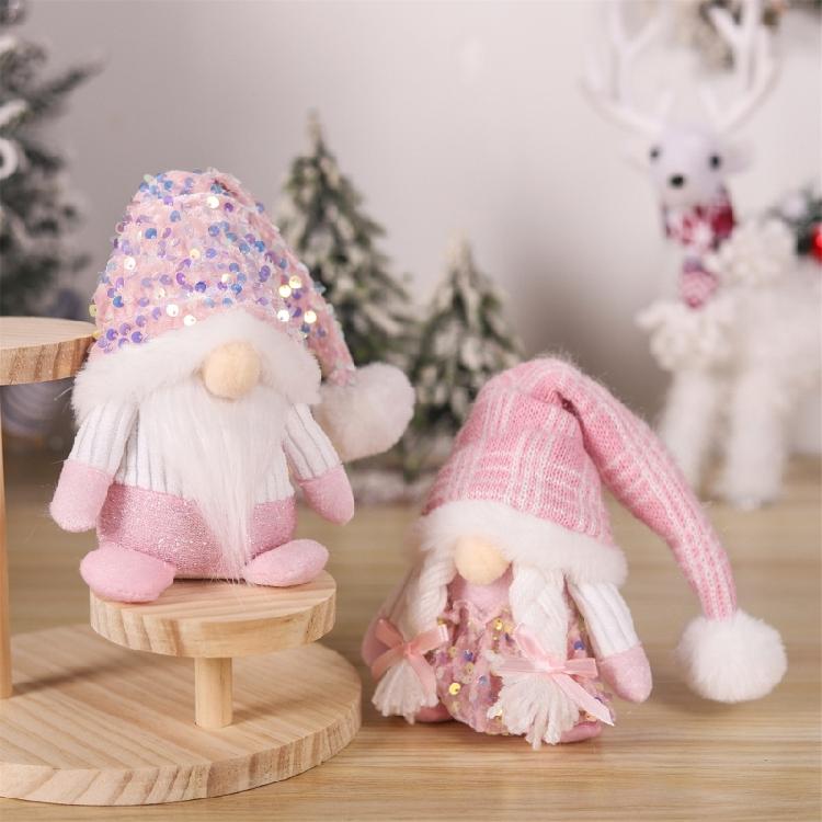 Pink Dwarfs Christmas Decorationtoy With Sequined Hat/Dress,Embroidered Detail, Plushie Feel Mini Plushie Toy