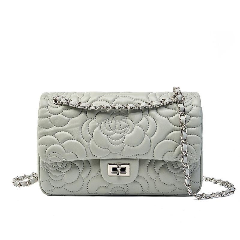 New leather small square bag camellia pattern first layer sheepskin texture chain crossbody women's bag