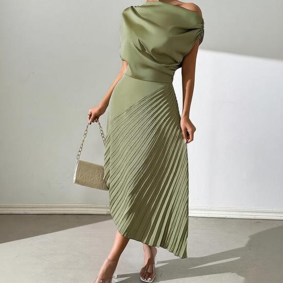 Vestido de Noche Formal Plisado para Mujer Vestido Plisado de un Solo Hombro Línea A Manga Corta Fruncido Vestido de Fiesta Cóctel