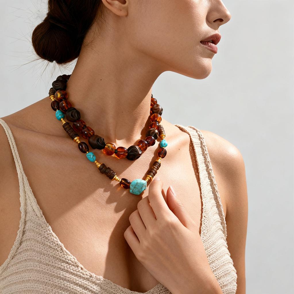 Acrylic Wood Beaded Round Clavicle Sweater Chain Maillard Temperament Necklace