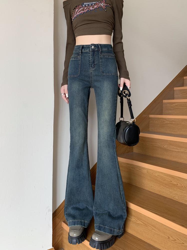 

Women s High Waist Cement Grey Micro-Flare Jeans, Retro Slimming Plus Size, Petite Floor-Length Flared Trousers M