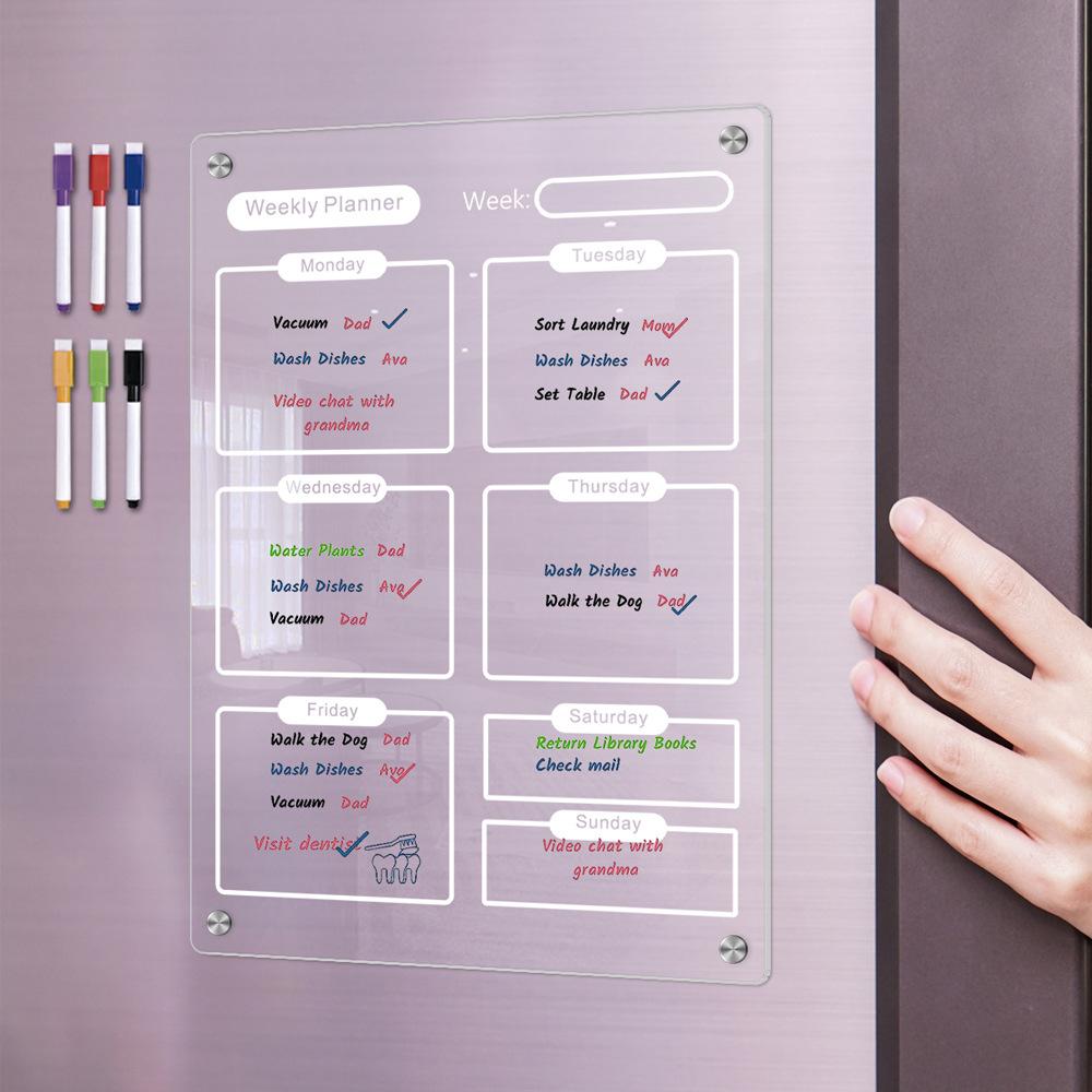Clear Acrylic Magnetic Dry Erase Board Weekly Planner 8.27x11.7in Writing Board Fridge Reusable Planner with 6 Color Magnetic Markers 4pcs Magnet