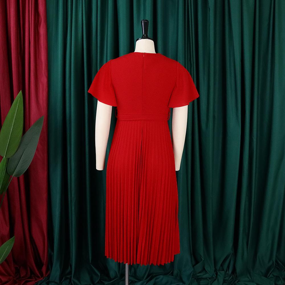 Women's Fashion Summer Spring Solid Color Print Short Sleeve V-Neck High Waist Casual Dresses