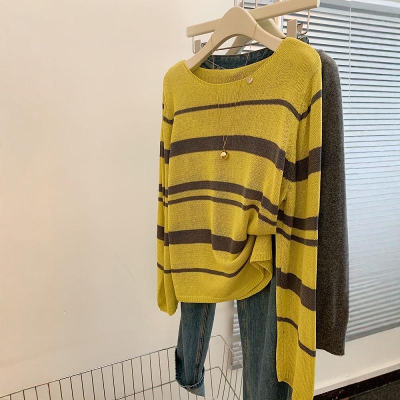 

Lazy wind crew neck autumn and winter pullover striped knitted sweater women s sunscreen blouse long-sleeved shirt air-conditioning shirt One Size