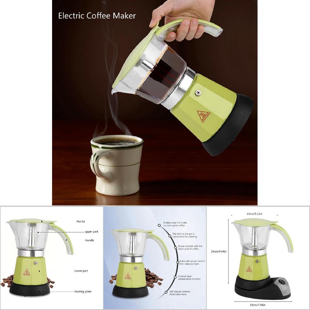 300ml/6 Cups 480W Electric Moka Pot Detachable Kitchen Stovetop Coffee Maker Green
